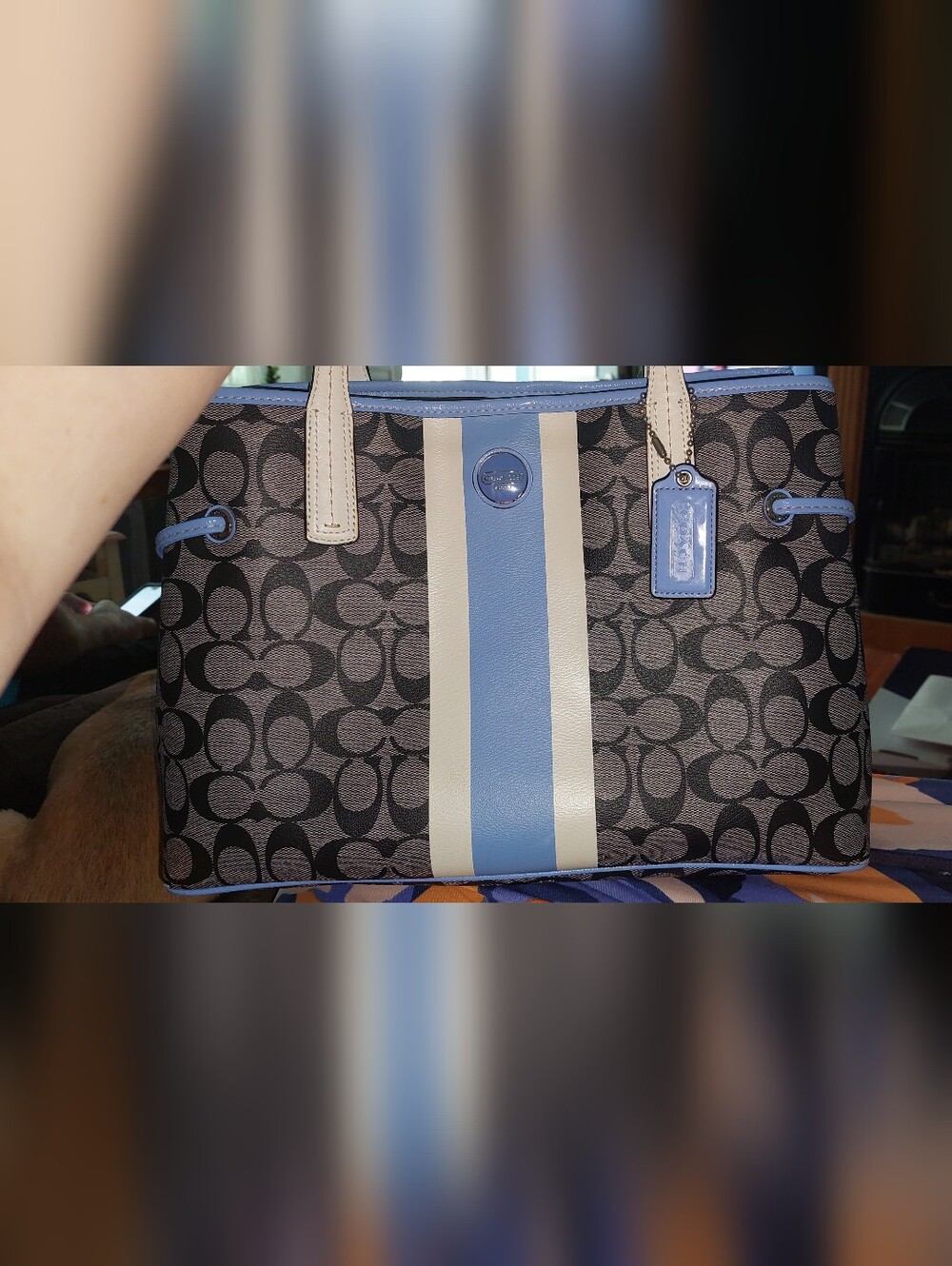 Authentic Coach Signature Canvas Tote with Blue & Cream Stripe.Smoke Free Home - Picture 3 of 16